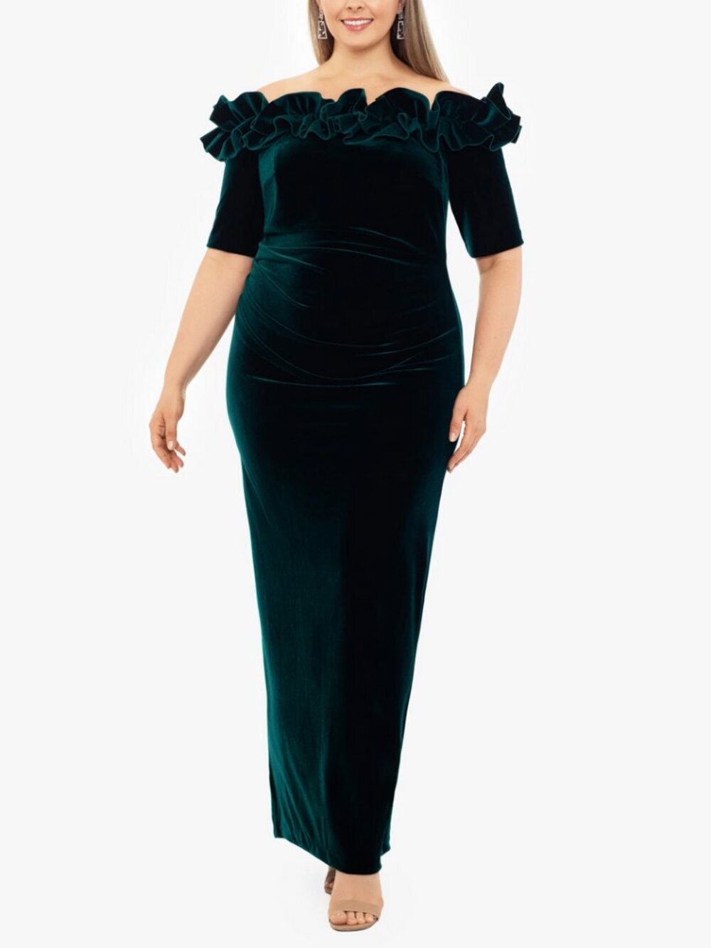 Sz 14W Xscape 5082X Dark Green Stretch Velvet Off-Shoulder Ruched Gown w Ruffles
